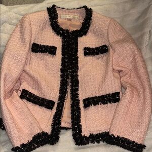 Boston Proper Pink Tweed Jacket with Black fringe and chain Trim